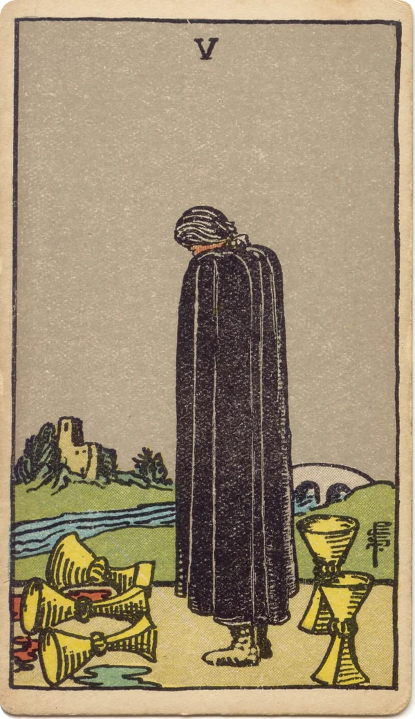 Five of Cups, tarot card from the 1909 Rider–Waite deck