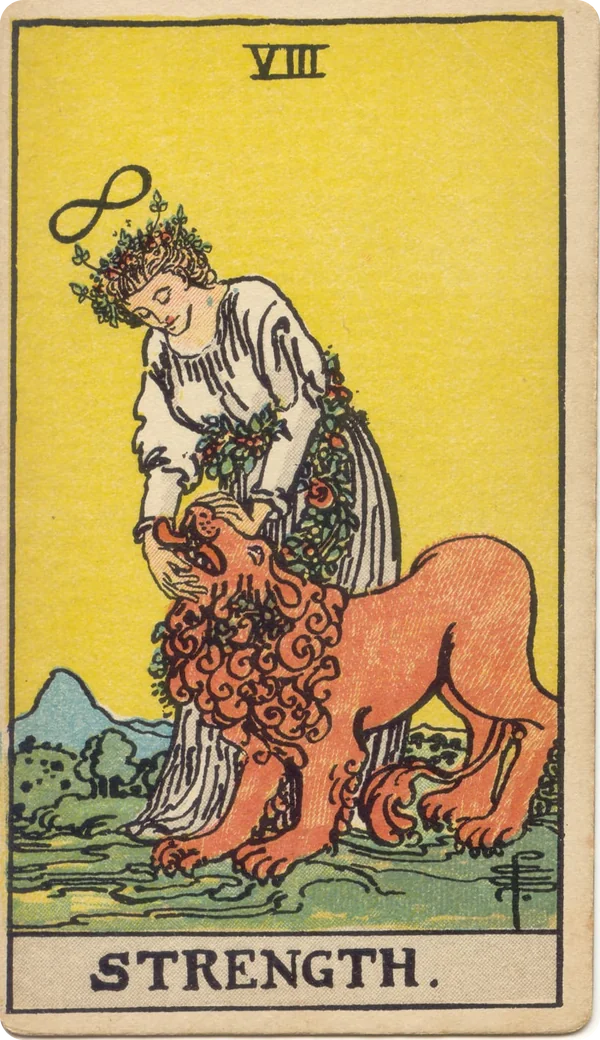Strength, tarot card from the 1909 Rider–Waite deck