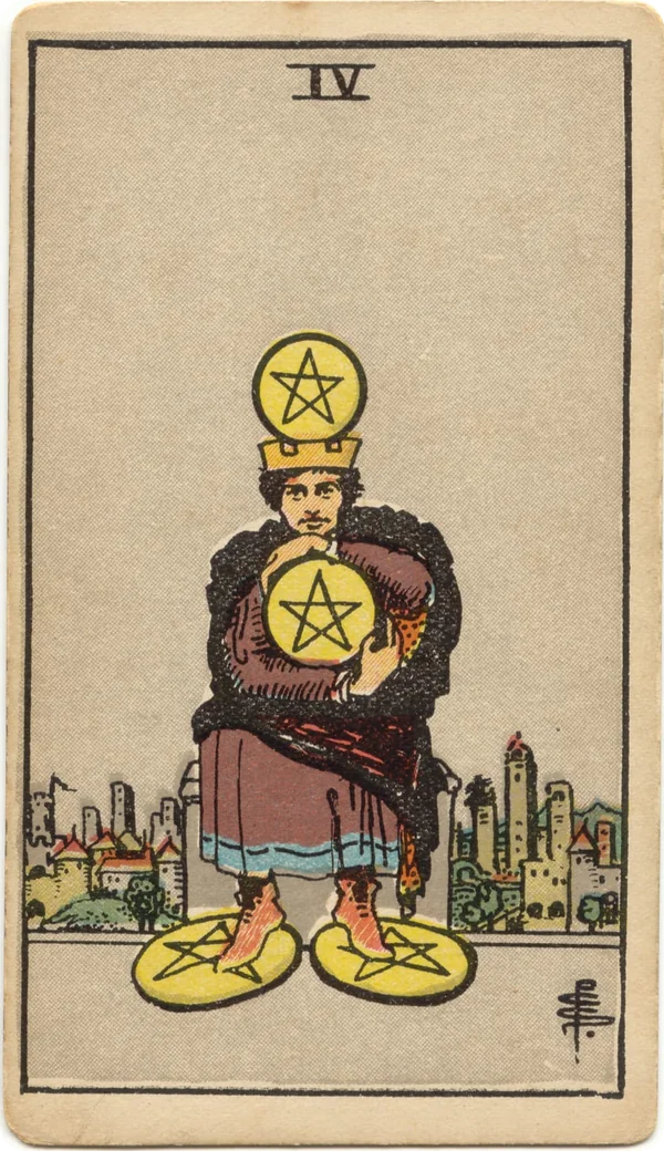 Four of Pentacles, tarot card from the 1909 Rider–Waite deck