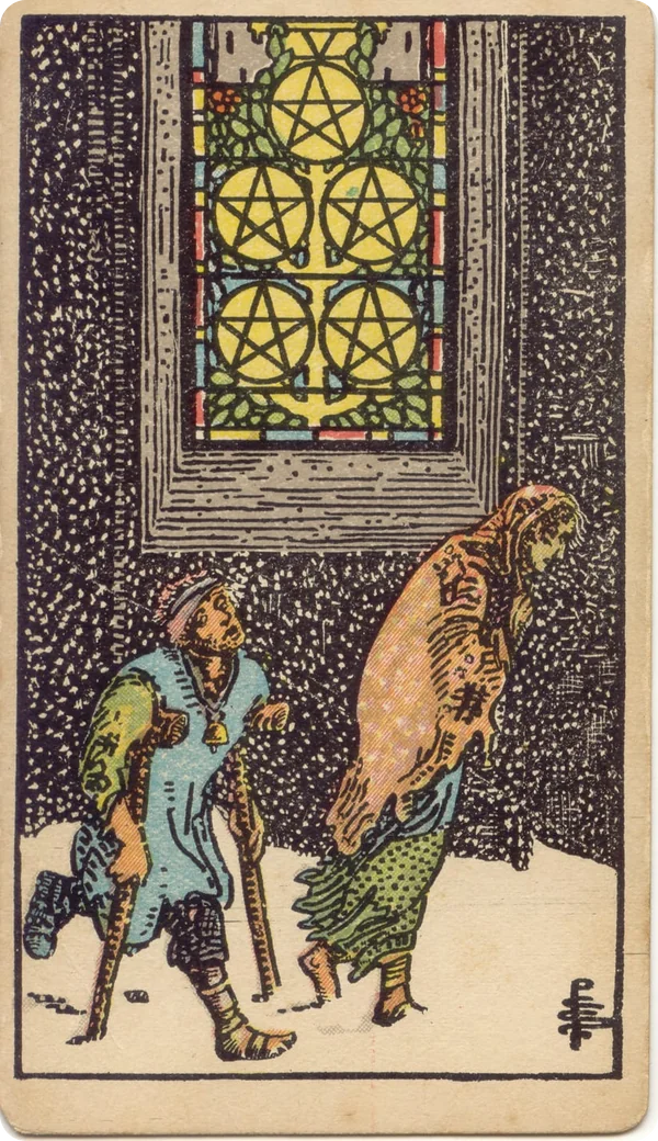 Five of Pentacles, tarot card from the 1909 Rider–Waite deck