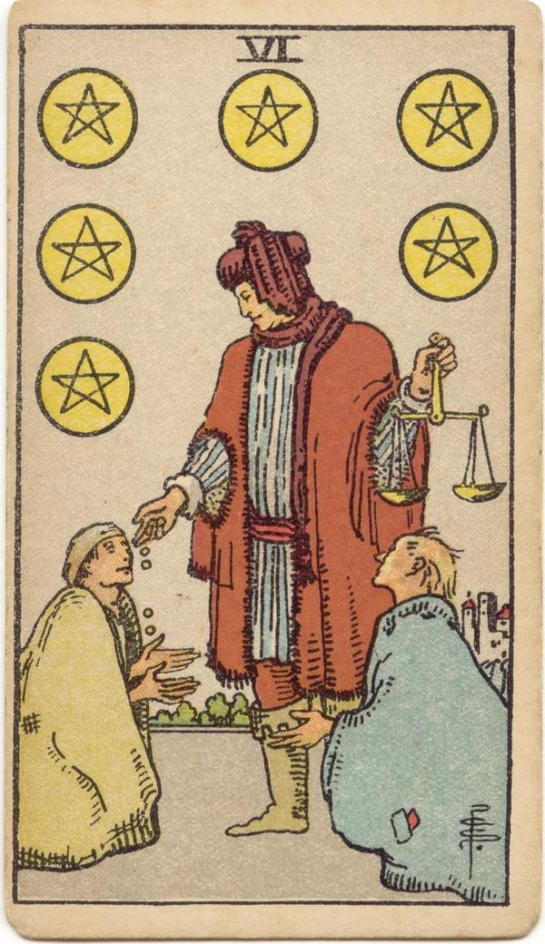 Six of Pentacles, tarot card from the 1909 Rider–Waite deck