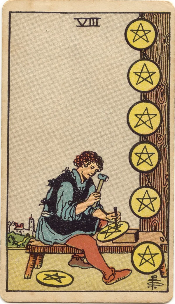 Eight of Pentacles, tarot card from the 1909 Rider–Waite deck