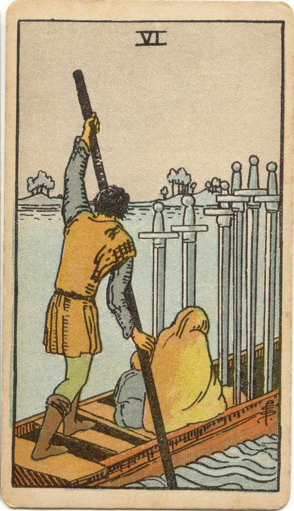 Six of Swords, tarot card from the 1909 Rider–Waite deck