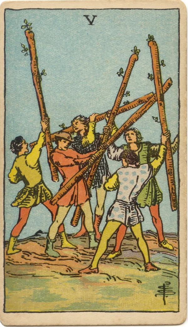 Five of Wands, tarot card from the 1909 Rider–Waite deck